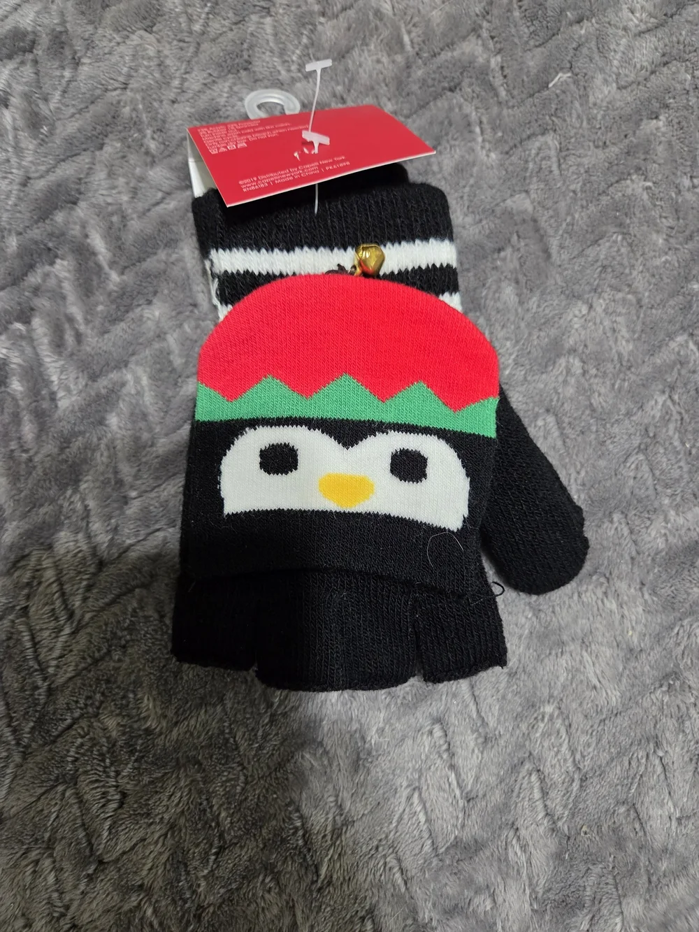 Capelli of New York Kids Black Penguin Flip-Top Mittens with Red & Green Accents